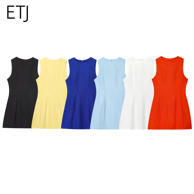 ETJ2025 summer new  women's ZW series elegant simple classic puffy round neck sleeveless waist short dress
