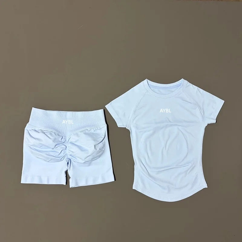 2 Pieces Sports Sets Short Sleeve Sculpt T Shirt Seamless Yoga Top Fitness Set Women