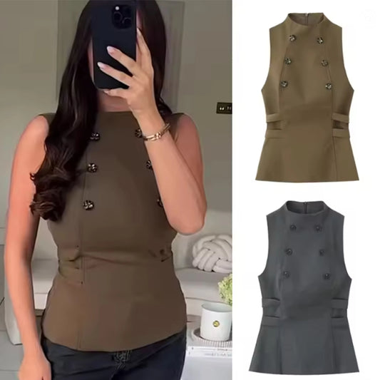 Women Top New Fashion Sleeveless O-Neck Waist-Cinching Lotus Leaf Hem Double-Breasted Top Women Sexy Elegant Vest