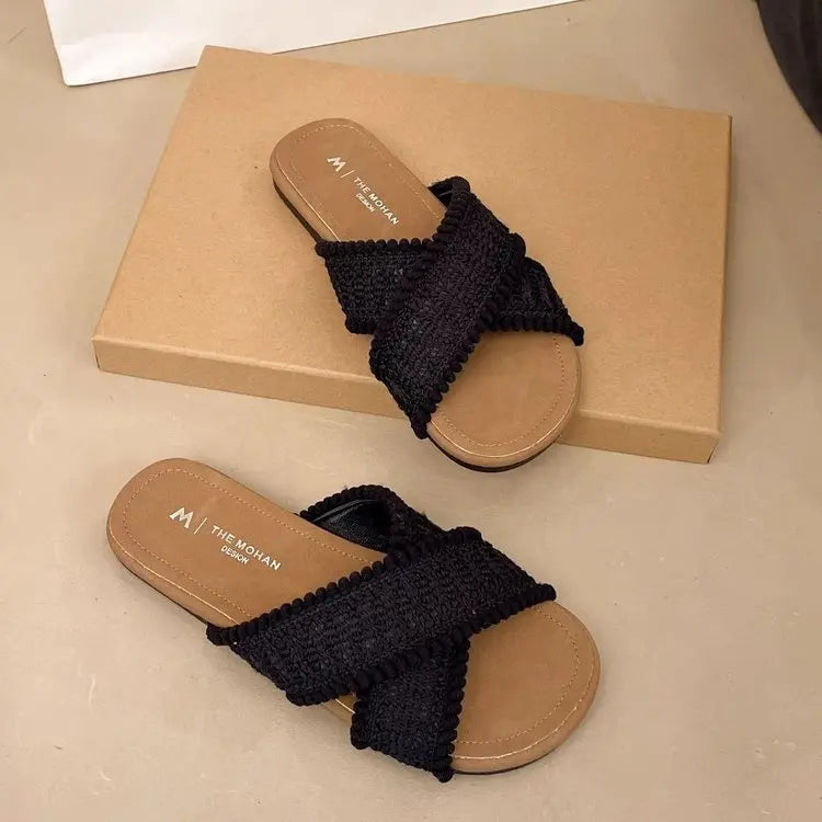 2026 New Arrival Women's Woven Cross Strap Slides – Casual Flat Sandals for Daily Street Style, Comfortable Footwear for Summer