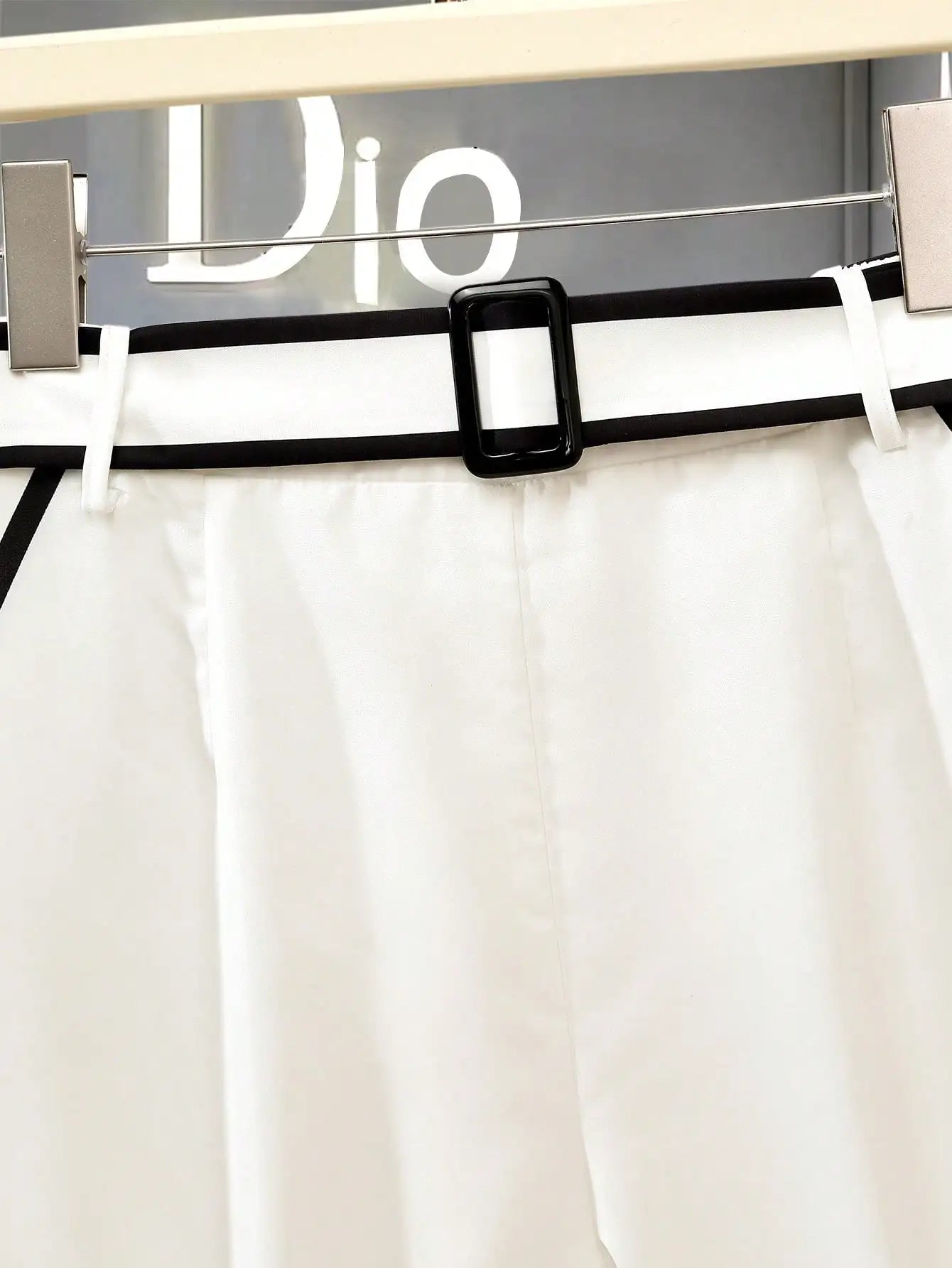 White Black Piped Shorts High Waist Square Buckle