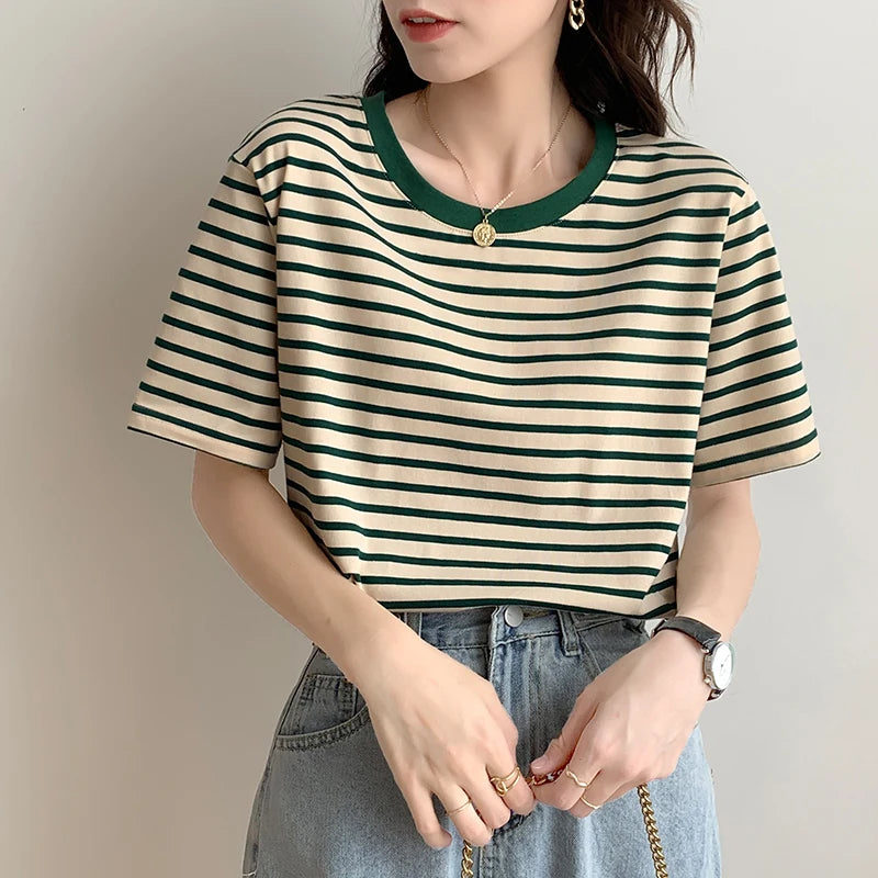 REALEFT Summer Classic Striped Women's T-shirts 2026 New Short Sleeve O-neck Korean Casual Loose Shirts Knitwear Tops Female