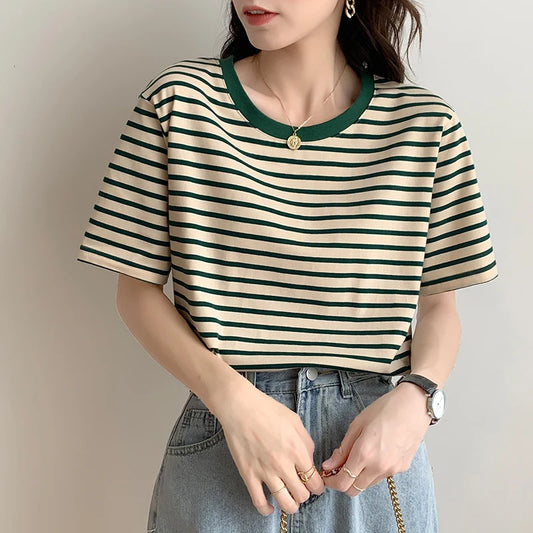 REALEFT Summer Classic Striped Women's T-shirts 2026 New Short Sleeve O-neck Korean Casual Loose Shirts Knitwear Tops Female