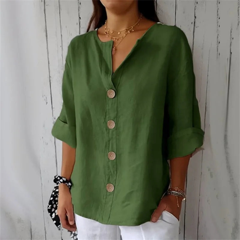Loose Shirt Women's V-Neck Cotton Linen Button Top Casual Shirts Solid Fashion Elegant