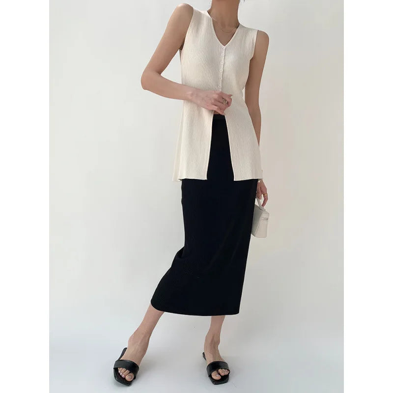 Elegant Women's Knitted Sleeveless V-Neck Cardigan Slimming Mid-Length Summer New Arrival White Pure Color Fashion Commute