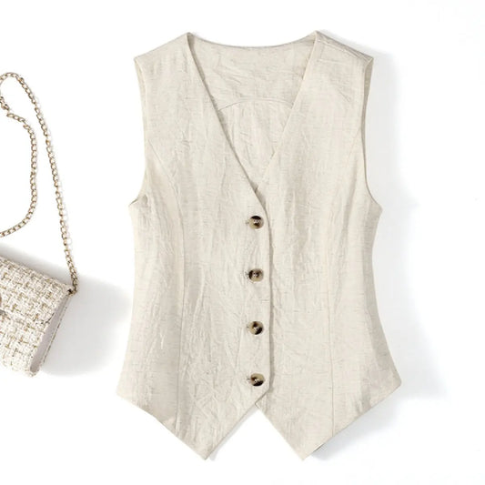 Summer solid color linen vest thin women's vest slim fit short sleeveless suit V-neck shoulder vest