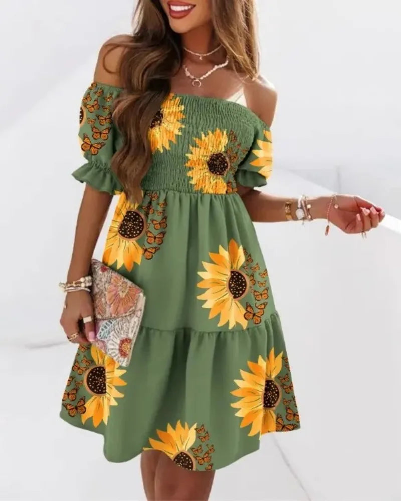 Women's Summer Short Sleeved Loose Bohemian Print Off Shoulder Pleated Mini Dress Party Dress Fashion