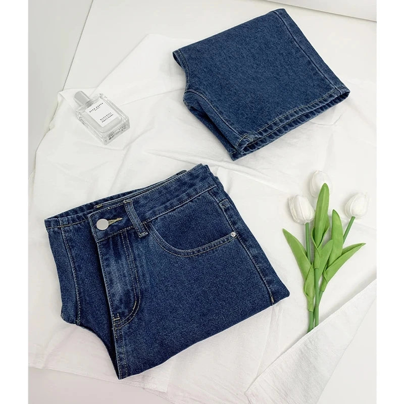 American Retro Blue Wide Leg Denim Shorts Women's Spring Summer New High Waist Slimming Loose Fit Thermal Pants Y2K