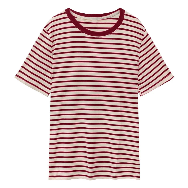 REALEFT Summer Classic Striped Women's T-shirts 2026 New Short Sleeve O-neck Korean Casual Loose Shirts Knitwear Tops Female