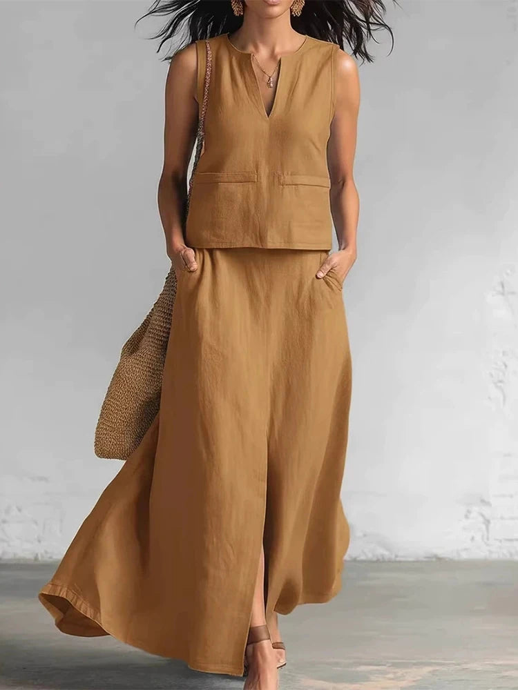 Women's Elegant Split Loose Long Skirt Suit Sexy V-neck Sleeveless Vest & Skirt Set Casual Cotton Linen Solid Two Piece Outfits