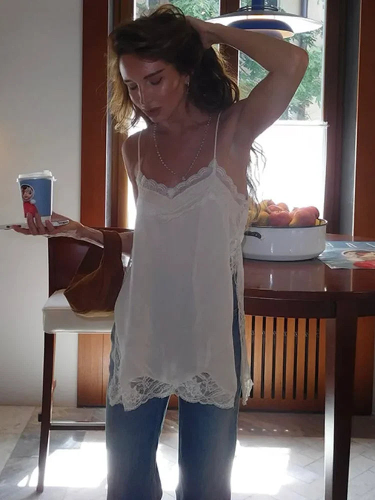 Women Lace Patchwork Sling Tops Chic Sleeveless Square Neck Backless See Through Blouse 2025 Lady Vacation Party Club Sexy Shirt