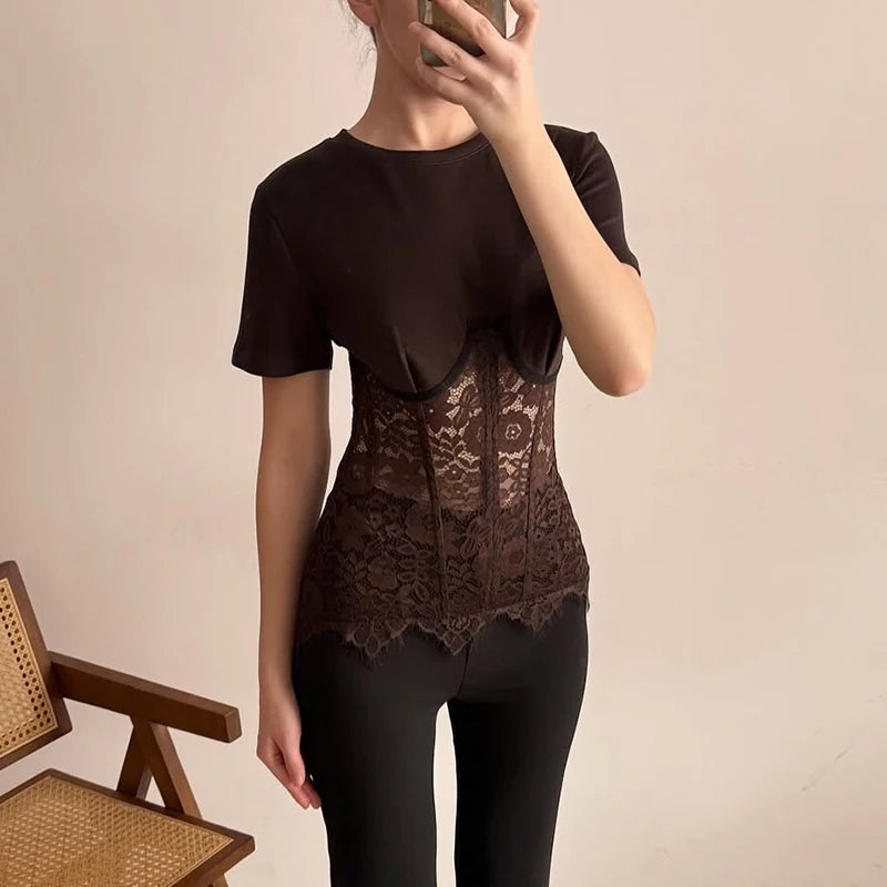 Lace Patchwork Tops See Through O-neck