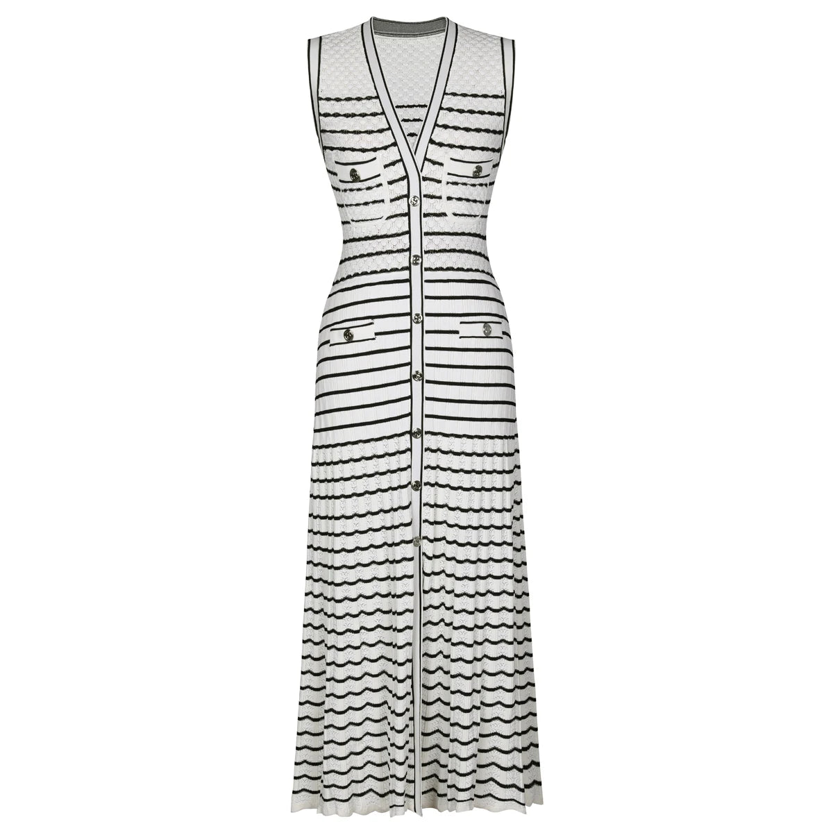 High Quality New Fashionable Elastic Knitted V-neck Sleeveless Button Up Wavy Stripe Lace Sexy Slim Fit Women's Dress