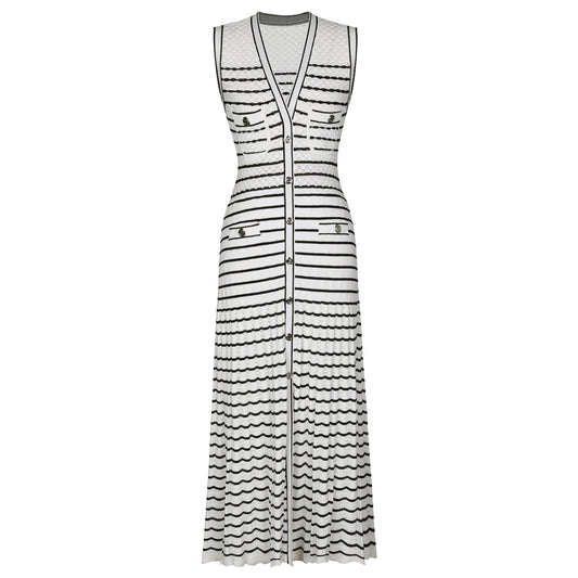 High Quality New Fashionable Elastic Knitted V-neck Sleeveless Button Up Wavy Stripe Lace Sexy Slim Fit Women's Dress