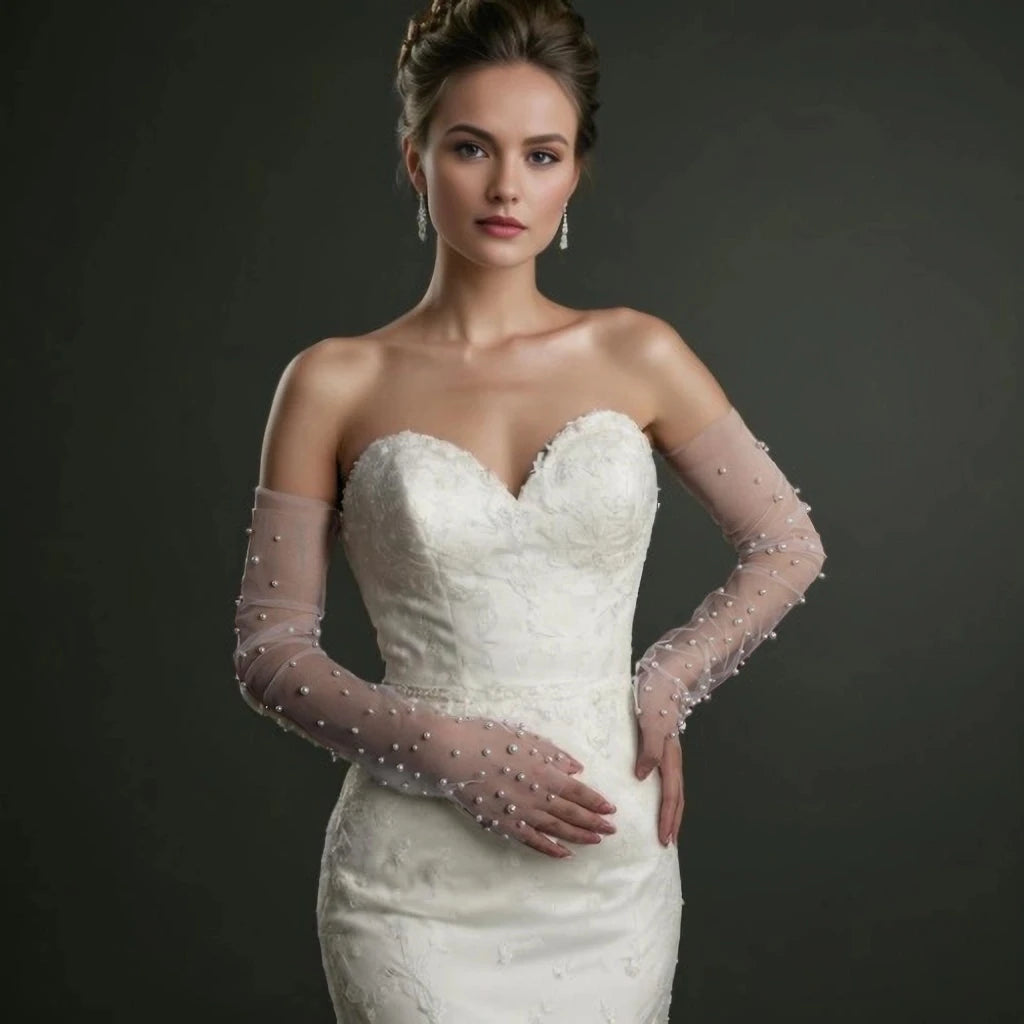 1 Pair Bridal Fingerless Pearl Gloves Wedding Sleeves Removable Shrugs for Women Summer Elegant  Bolero Shoulder Cape VPM10