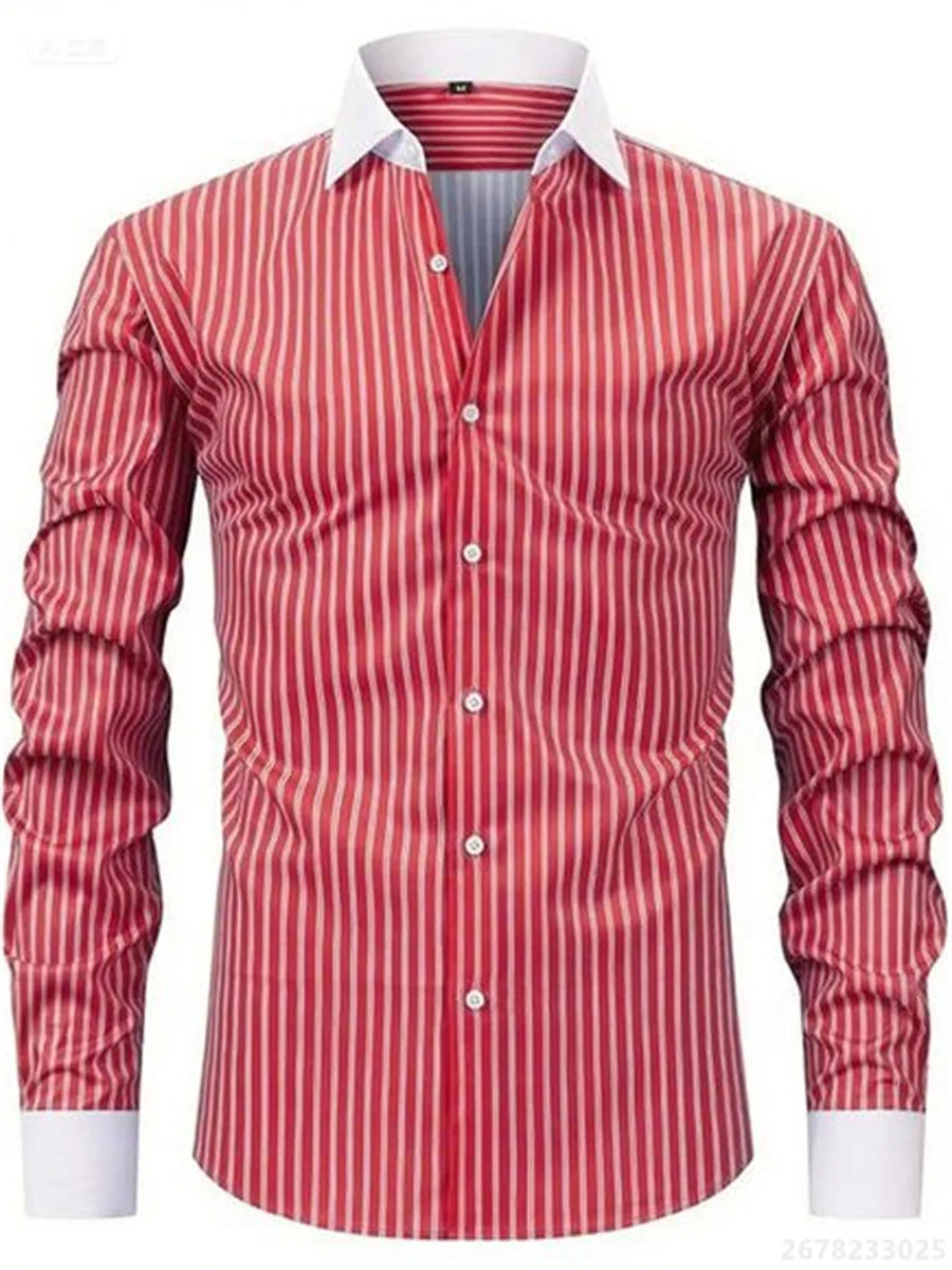 Men's shirts, long-sleeved lapel business formal button-down shirts, men's striped shirts, high-quality men's tops XS-6XL