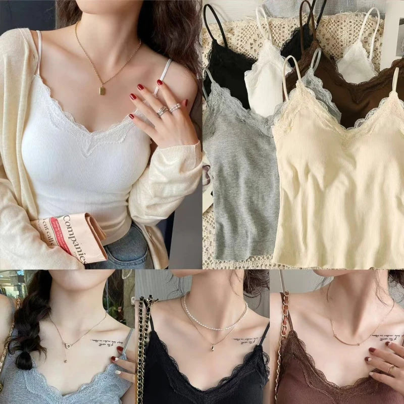Women Sleeveless Tank Tops Solid Color Korean Version V Neck Slim Fashion Lace Stitching With Chest Pad Camisole