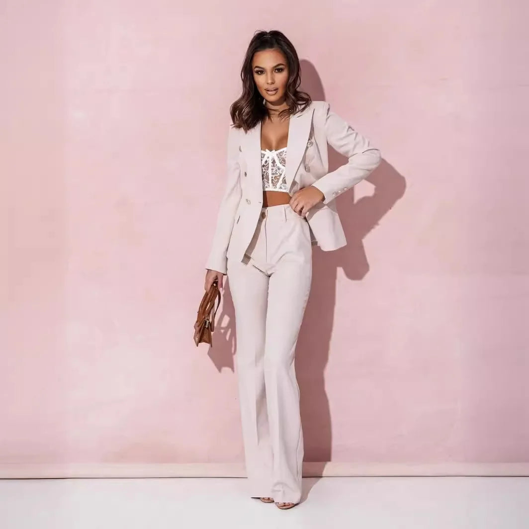 Women Solid Tailored Sets Button Solid Cardigan Full Sleeve Turn Down Collar Jackets Casual Elegant Blazer Office Lady Sets 2026
