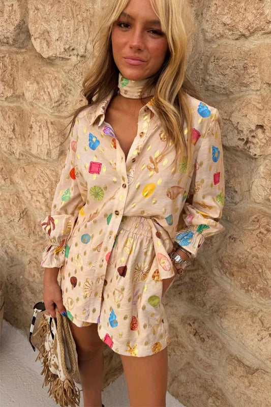 Fashion Printed 2 Piece Set Loose Lapel Long Sleeve