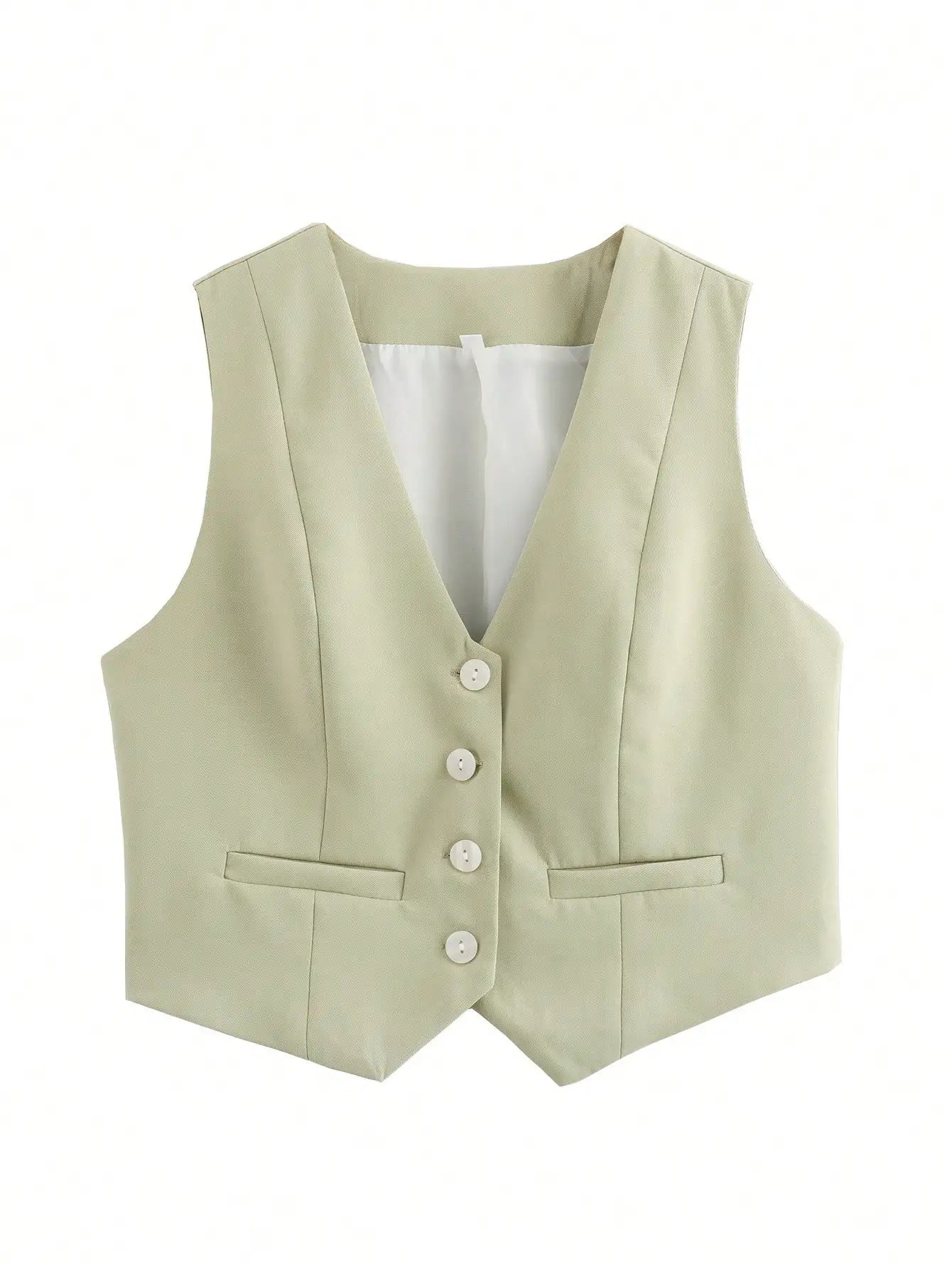 HH Women Casual V-Neck Sleeveless Waistcoat Elegant Fashion Solid Single-breasted Short Vest Chic Tops Female Summer Outerwear