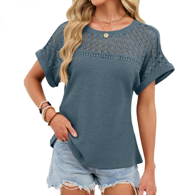 2026 Summer Elegant Lace Hollow Out Waffle Knit T Shirt Crew Neck Short Sleeve Summer Smart Casual Tops Office Lady