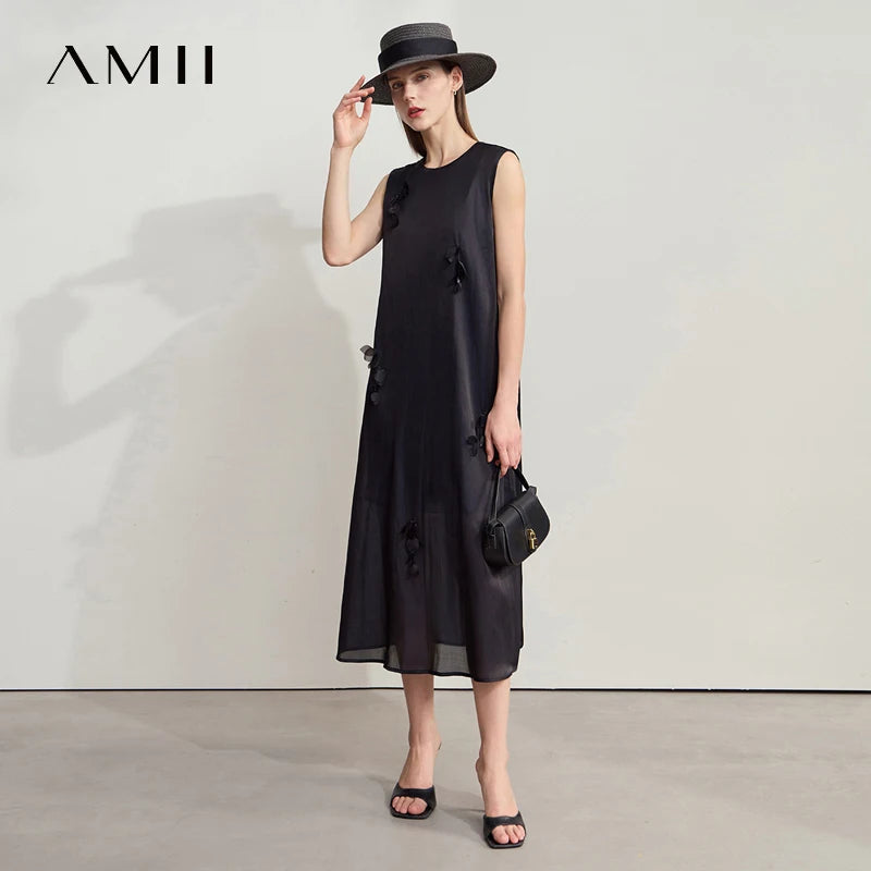 Amii Women's Dress Minimalist Solid Color Mulberry Silk Cotton Blend Sleeveless Three Dimensional Studded Flower Dress 12542104