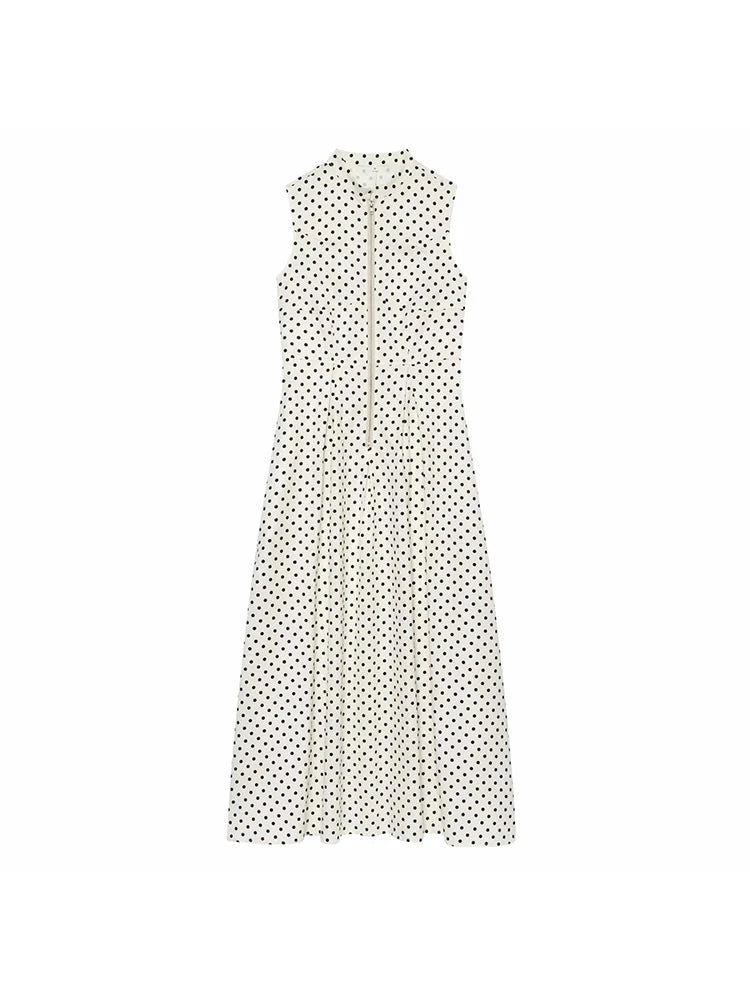 Women Elegant Polka Dot Zipper Decoration Dress Summer Women Sleeveless Pleated Dress Female Fashion Versatile Midi Dress
