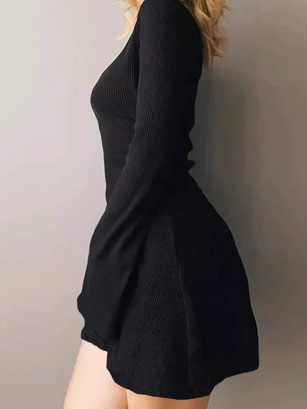 Knitted Long Sleeve Slim Mini Dress Women Autumn Winter Solid Color V-neck Belt A-line Club Party Sexy Dresses Elegant Clothing