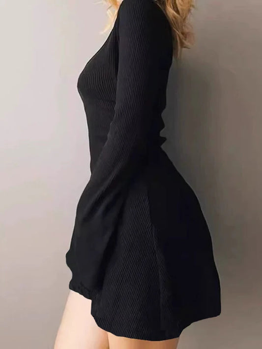 Knitted Long Sleeve Slim Mini Dress Women Autumn Winter Solid Color V-neck Belt A-line Club Party Sexy Dresses Elegant Clothing