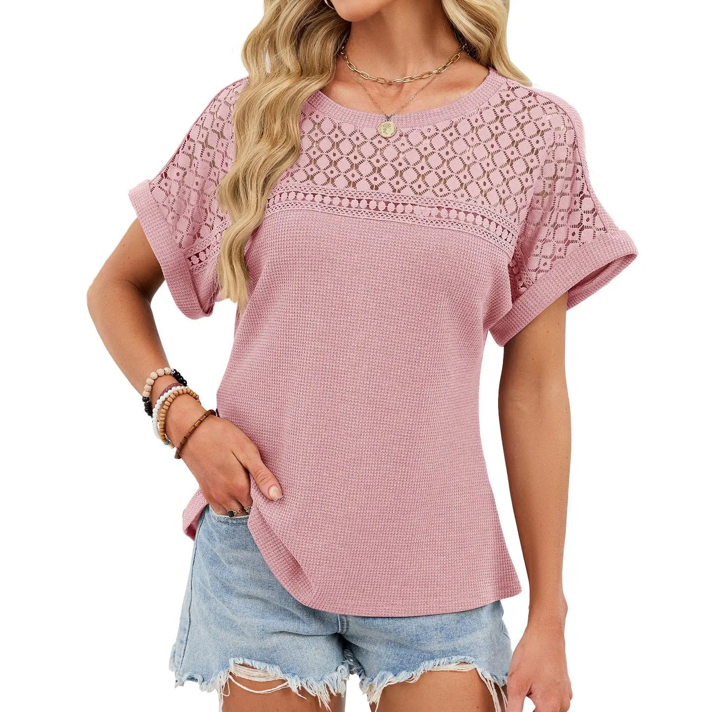 2026 Summer Elegant Lace Hollow Out Waffle Knit T Shirt Crew Neck Short Sleeve Summer Smart Casual Tops Office Lady