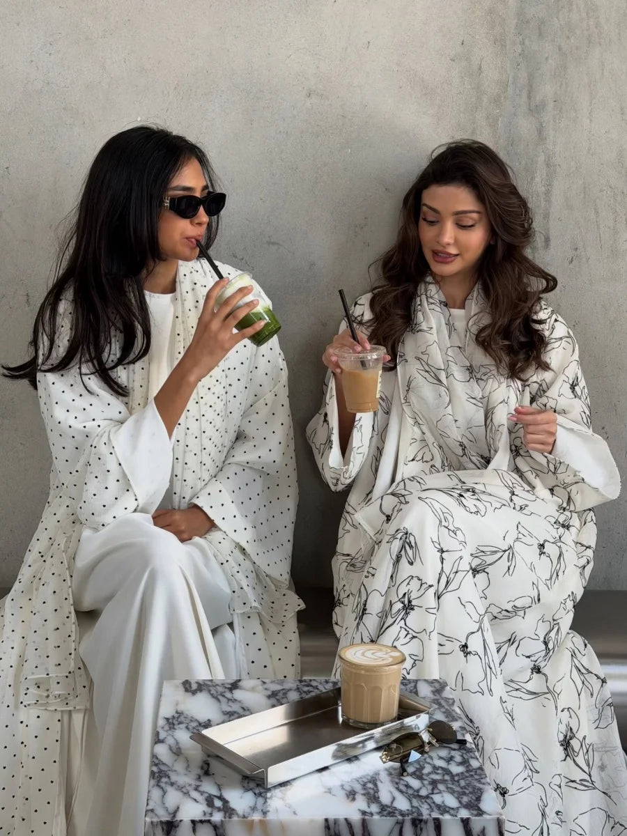 Dubai Abaya Heart print Cardigan traditional Long Dress With Hijab Kaftan