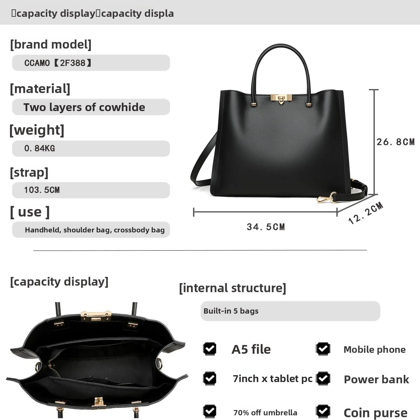 Luxurious Leather Handbag Urban Simple Style Commuter Women's Bag Large Tote Bag Zipper Closure Soft Leather Daily Match