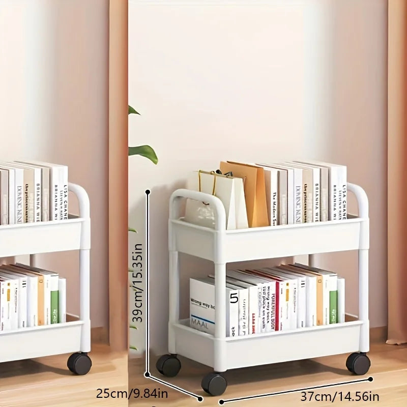 2-Tier Rolling Cart with Wheels, Removable Shelves & Hooks, Multipurpose Organizer for Kitchen, Office, Bathroom, Bedroom