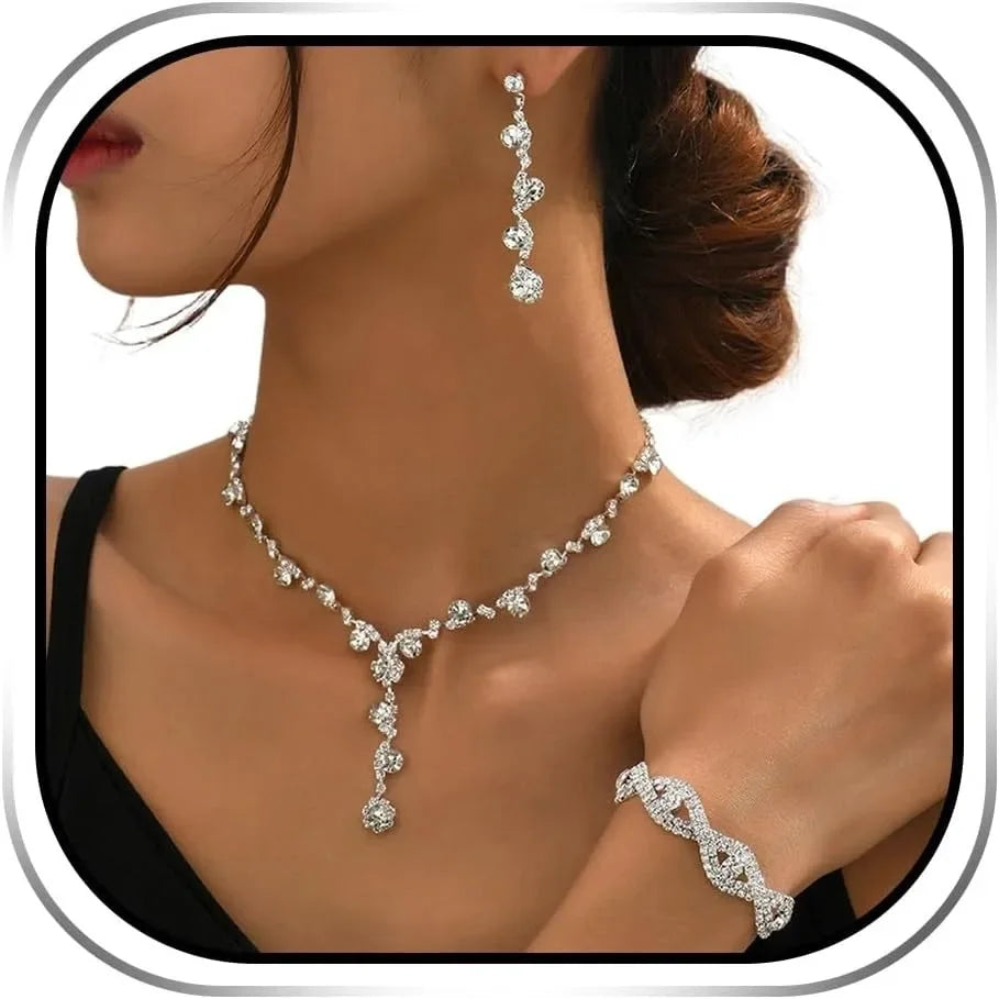 Jewelry Set for Women Rhinestone Earrings Silver Earring Bracelet Necklace Party Prom Wedding Earrings Jewelry for Women