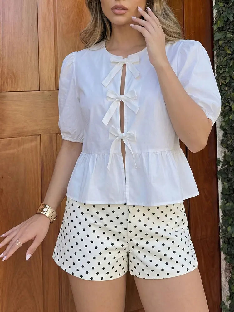 Blouse For Women Fashion Lace Up Short Puff Sleeve Shirt Y2k Solid Girls Sweet Top Summer Female Casual Streetwear Shirts