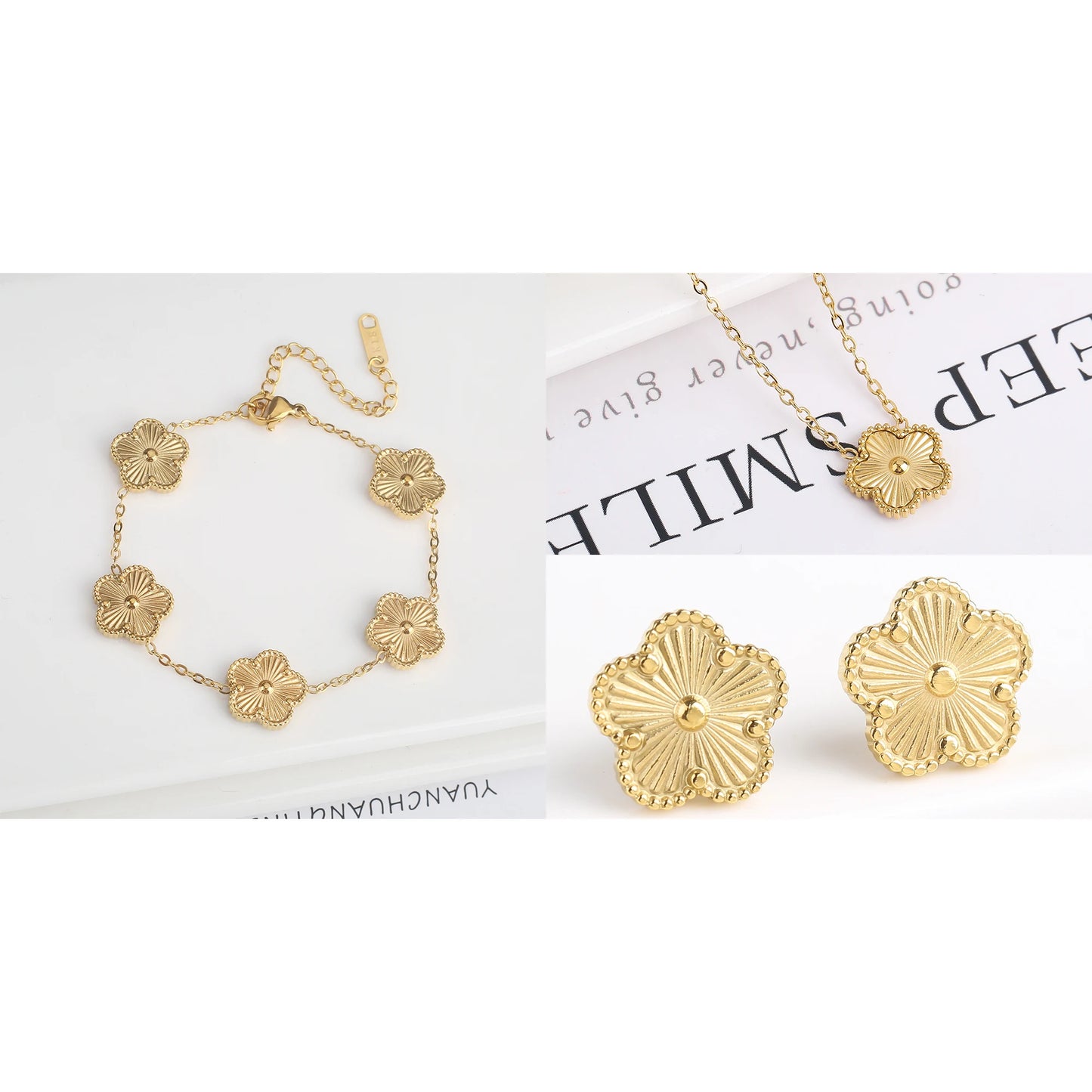 Bracelet Earrings 18K Gold Plated Jewelry Set For Women Girl Gift Clover