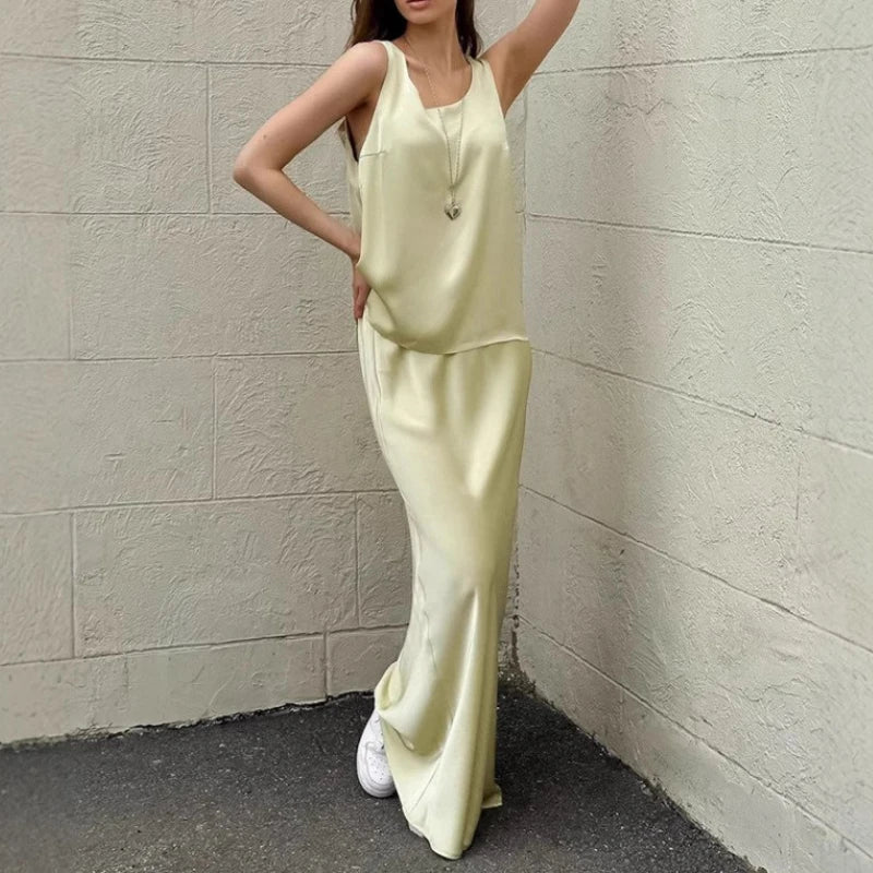 2025 Summer Simple Champagne Satin Face Set Women's Tank Top Long Dress Two Piece Set