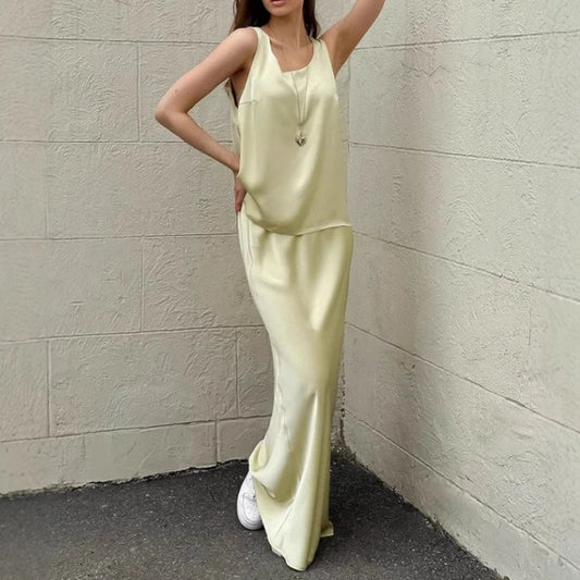2025 Summer Simple Champagne Satin Face Set Women's Tank Top Long Dress Two Piece Set