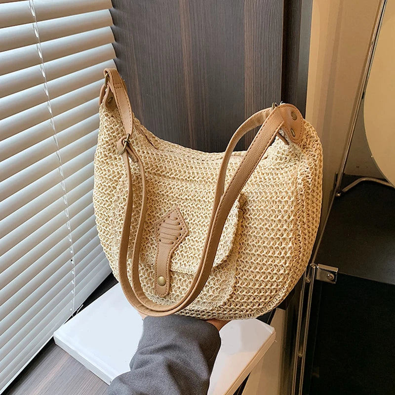 Woven Summer Fashion Straw Bag Beach Holiday Crossbody Bag Shopping Large Capacity Shoulder Handbag Messenger Ladies Women