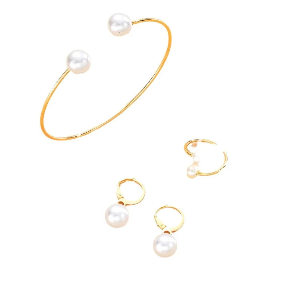 3pcs Set Fashion Minimalism Pearl Pendant Earrings Ring Opening Bangle for Women Commuting Versatile Jewelry Sets Accessory Gift