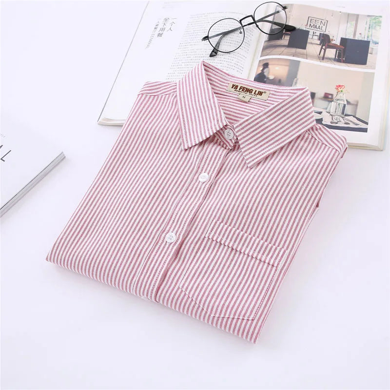 Cotton White Blue Pink Striped Shirt Women 2026 Spring New Simple Casual Lapel Long Sleeve Blouses & Tops Office Ladies Clothes