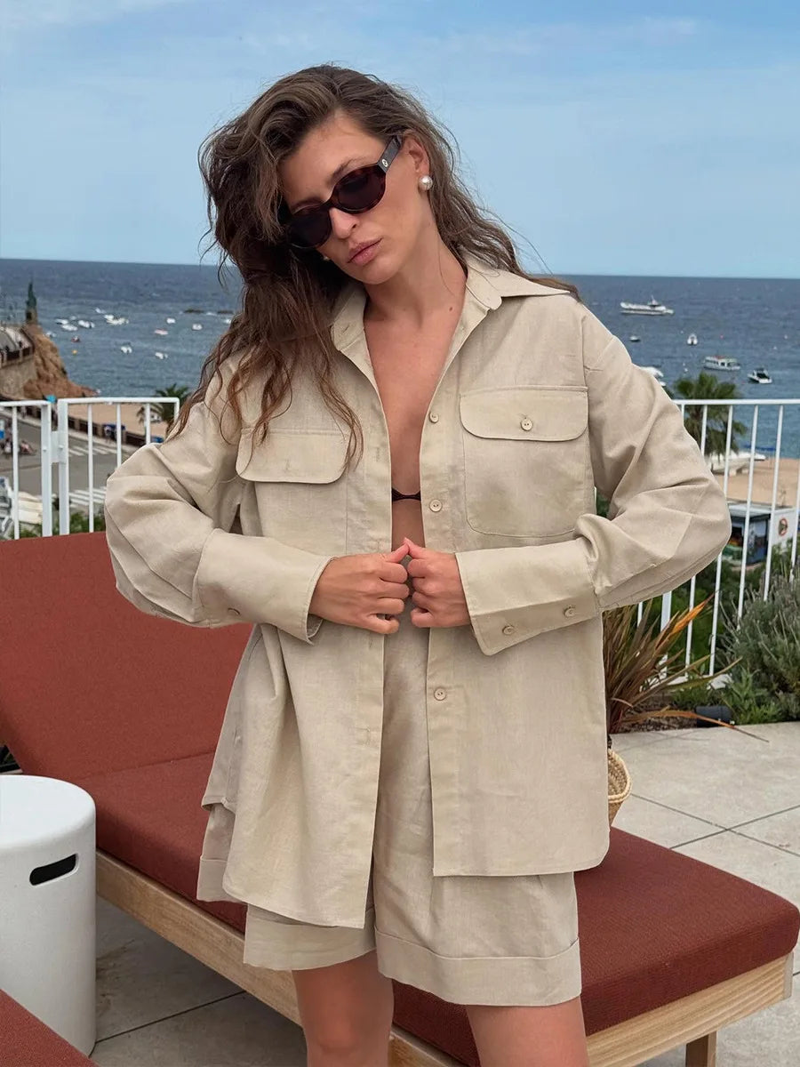 Long Sleeve Shirt Shorts Set Loose Breathable Fashionable Casual Outfit For Women