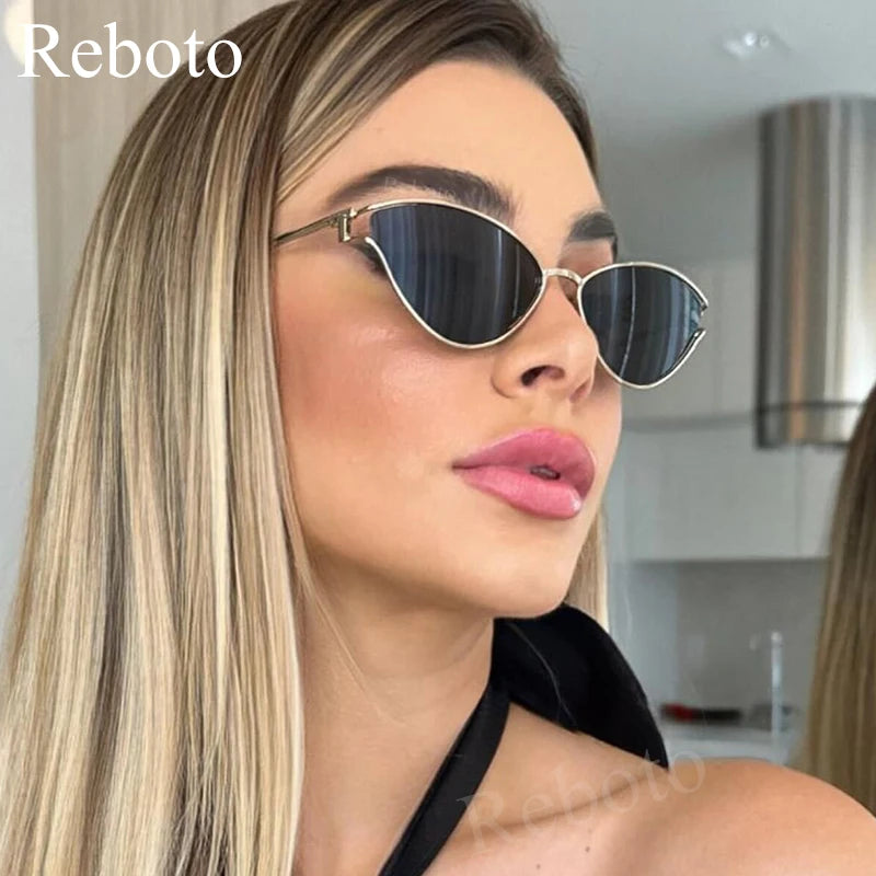 Brand Small Cat Eye Sunglasses Women Luxury 2042 Unique Metal Frame Brown Sun Glasses Trendy UV400 Eyewear Shades Vintage