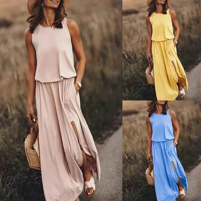Women's Summer Sleeveless Maxi Dresses 2026 New Arrival Solid Color Casual Long Dress with Side Slit Dress for Ladies ﻿