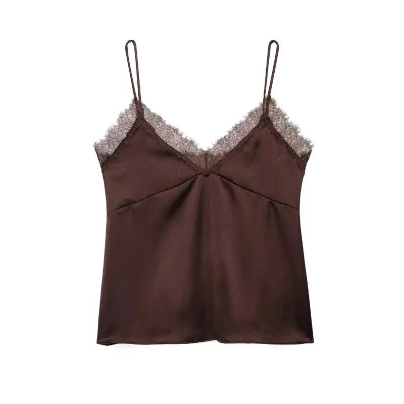 Women's Summer New Solid Sexy Lace Satin Sling Tops Female Sleeveless Backless Tank Top Lady Fashion Holiday Party Short Camisol
