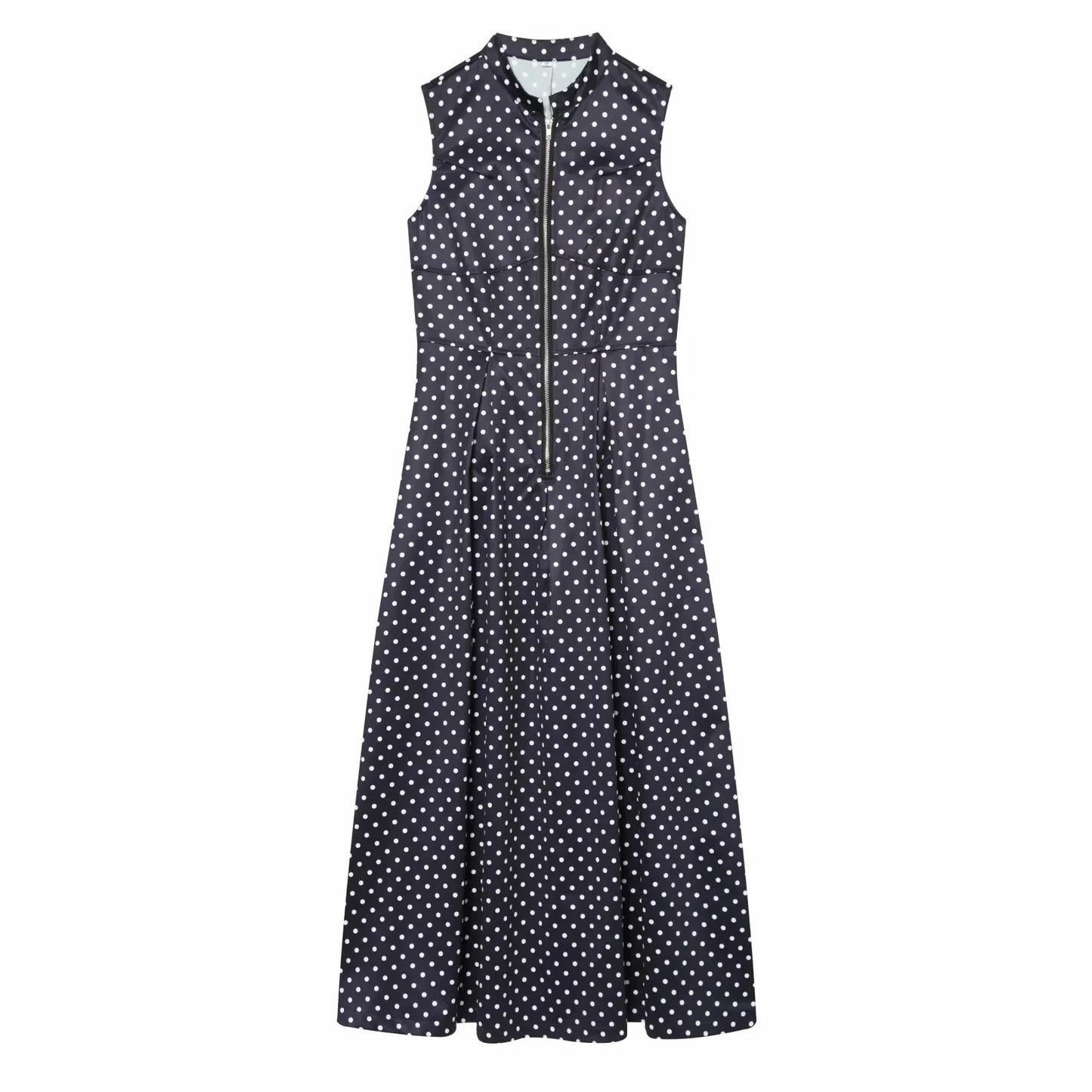 Women Elegant Polka Dot Zipper Decoration Dress Summer Women Sleeveless Pleated Dress Female Fashion Versatile Midi Dress