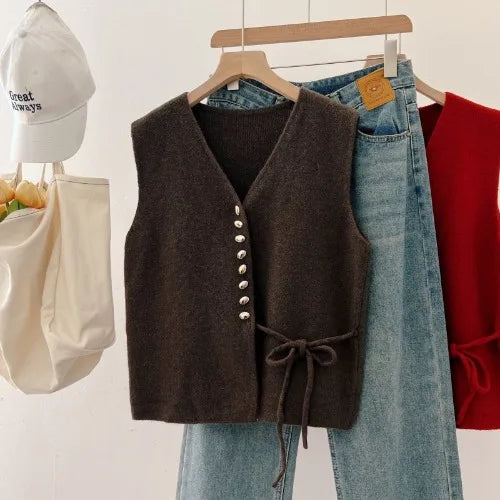 Elegant Pumpkin Orange Knitted Vest Women's Early Spring New Style plus Size Waist-Cinching Layering Vest V-neck Design