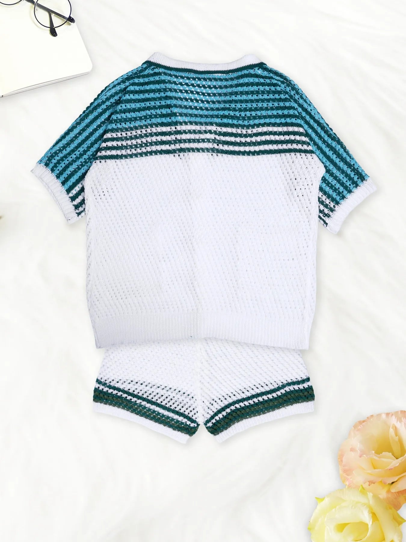 White Green Striped Hollow Knit Two-Piece Set Button-Down Shirt & Shorts Outfit