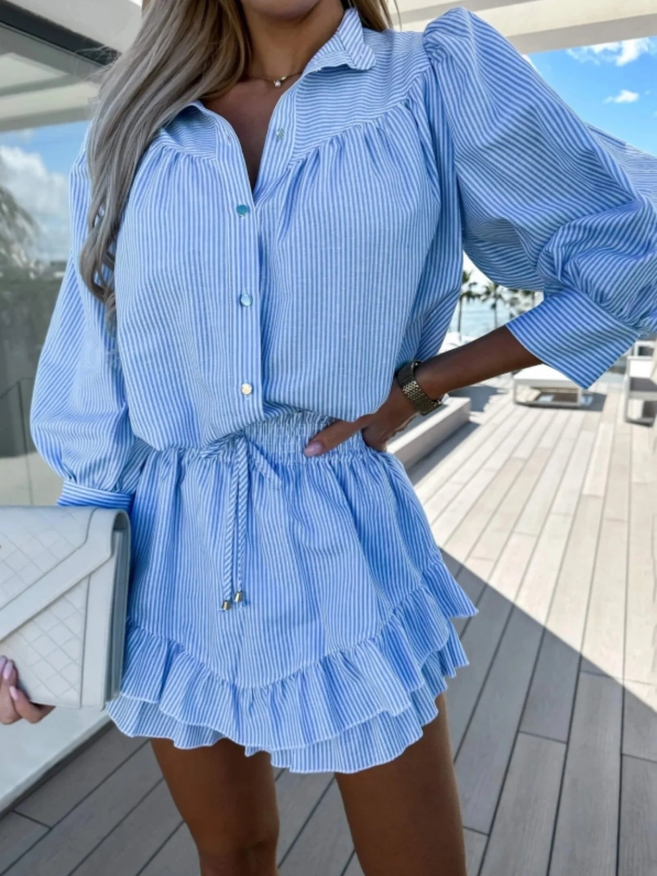 Elegant 2-Piece Ladies Fashion Striped Shirt And Shorts Set - Casual Comfortable Women's Clothing