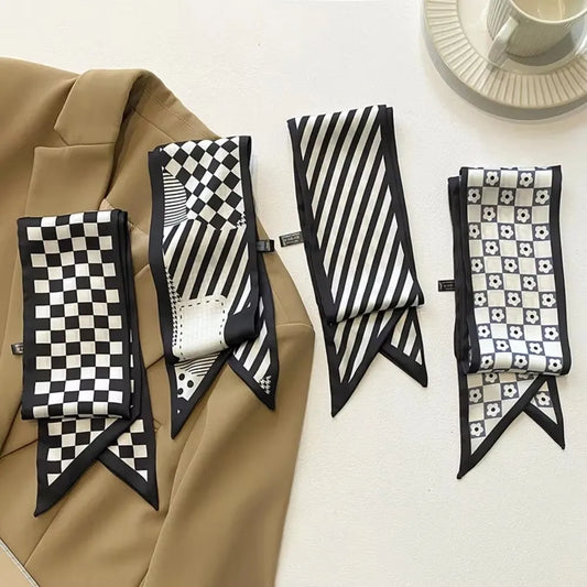 Fashion Print Silk Skinny Hair Scarf For Women Narrow Ribbon Tie Handle Bag Band Bandana Neckerchief